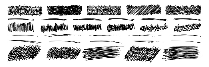 Set of rectangle scribble smears, wavy lines and strokes drawn with pen. Black hand drawn design elements on white background. Vector illustration