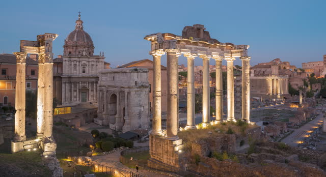 Time-lapse of Roman Forum ruins a famous ancient travel landmark of Rome, Italy.