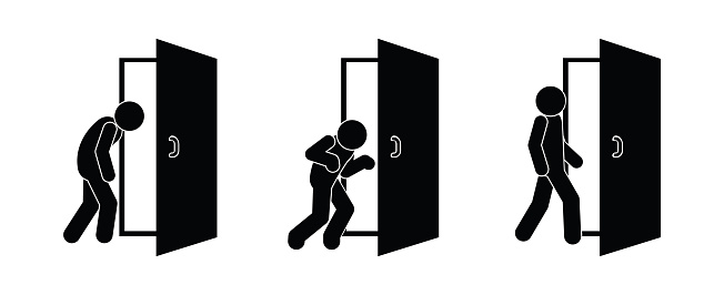 stick figure man icon, door illustration, entrance symbol set