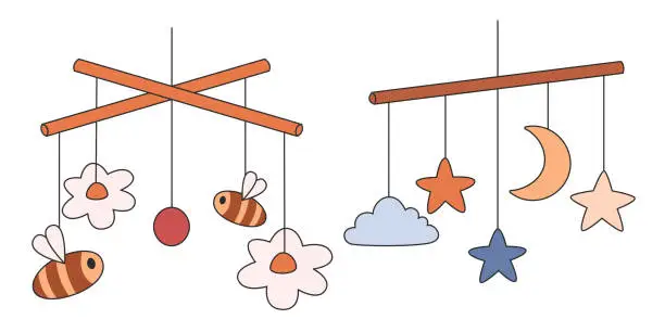 Vector illustration of Baby Hanging Cradle Mobile Newborn Toy with Flowers and Stars isolated on white background.