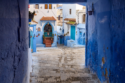 Blue street and archway in Chefchaouen, Morocco, North Africa.