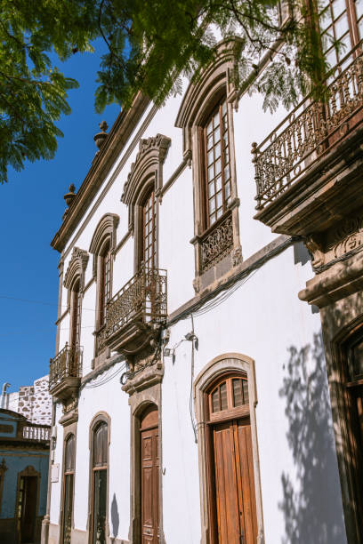 Beautiful Historical House Facade With Iron Balconies In  Arucas, Gran Canaria