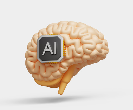 Neurotechnology, implantable brain machine. Human and AI Artificial Intelligence working together. robot automation and innovation concept. Chip inserted into brain 3d icon. 3d illustration