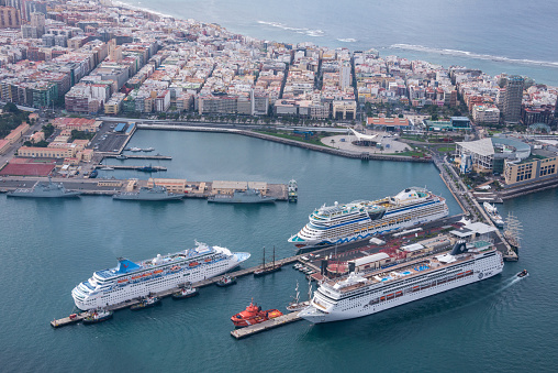 Gran Canaria, Spain - December 20, 2014: Aerial photo with cruise ships in the commercial port of the city of Las Palmas