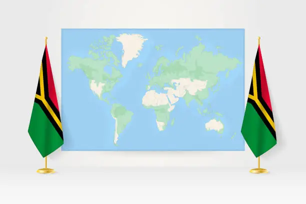 Vector illustration of World Map between two hanging flags of Vanuatu flag stand.