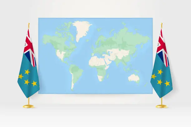Vector illustration of World Map between two hanging flags of Tuvalu flag stand.