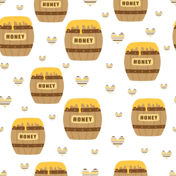 Vector illustration of cartoon seamless pattern with barrel of honey