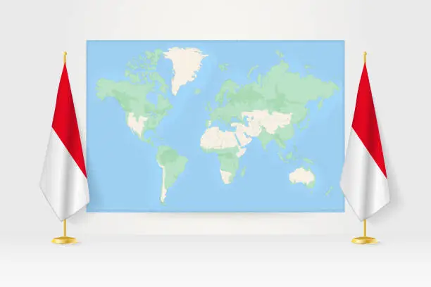 Vector illustration of World Map between two hanging flags of Monaco flag stand.