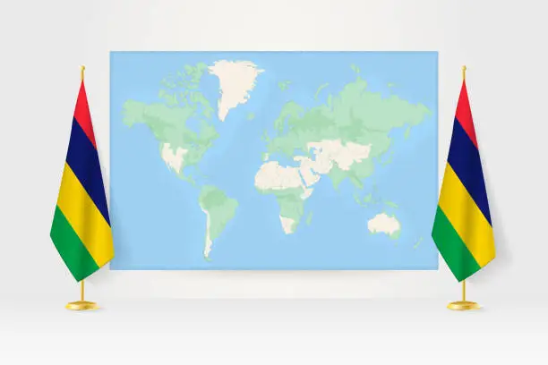 Vector illustration of World Map between two hanging flags of Mauritius flag stand.