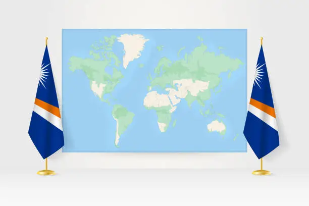 Vector illustration of World Map between two hanging flags of Marshall Islands flag stand.