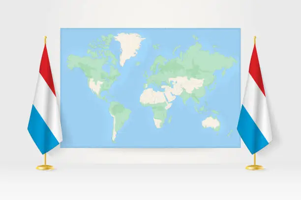 Vector illustration of World Map between two hanging flags of Luxembourg flag stand.