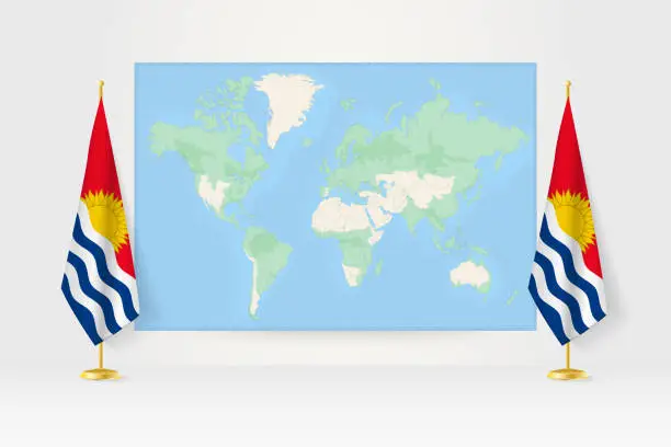 Vector illustration of World Map between two hanging flags of Kiribati flag stand.