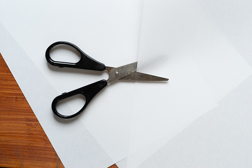 Female hand holds scissors on blue background