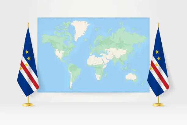 Vector illustration of World Map between two hanging flags of Cape Verde flag stand.