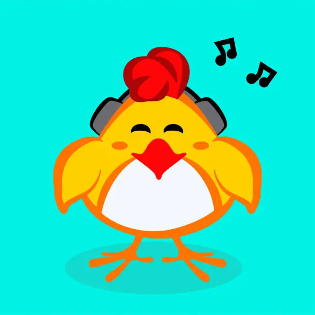Vector illustration of Cute chick listening to music in headphones.