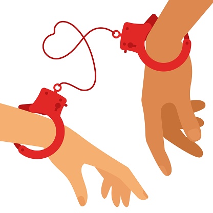 Male and female hands in handcuffs. Isolated. Chain line in a shape of heart. Restriction in relationship concept. Loose of personal opinion. Minimalistic flat style.