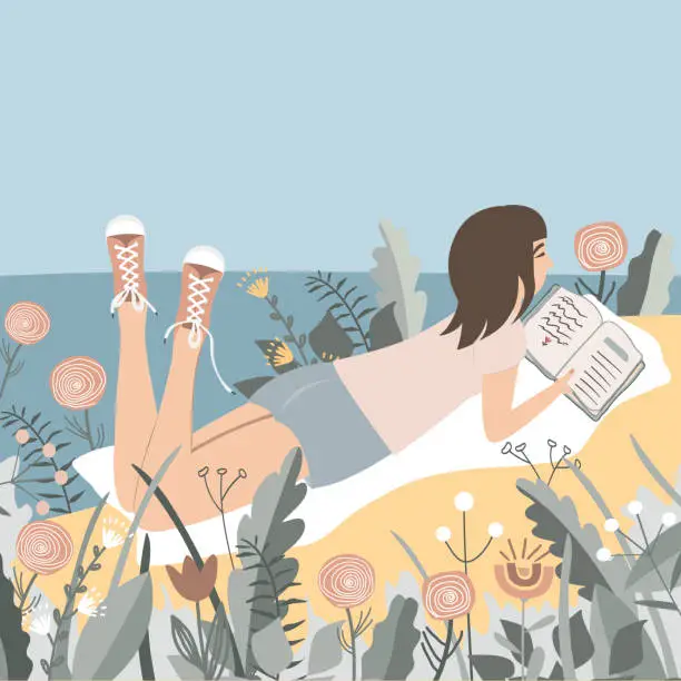 Vector illustration of Lying girl in sneakers reading book near the sea. Seashore landscape with flowers, and herbs. Cartoon panorama of summer nature. Vector illustration