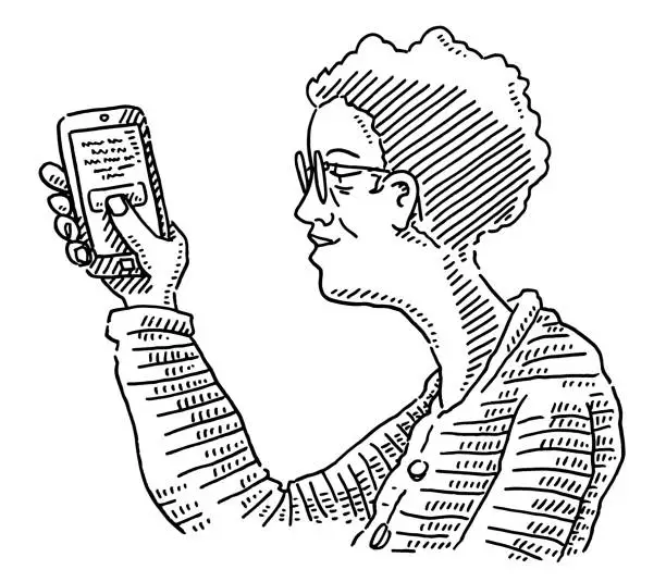 Vector illustration of Old Woman Using Smartphone Drawing