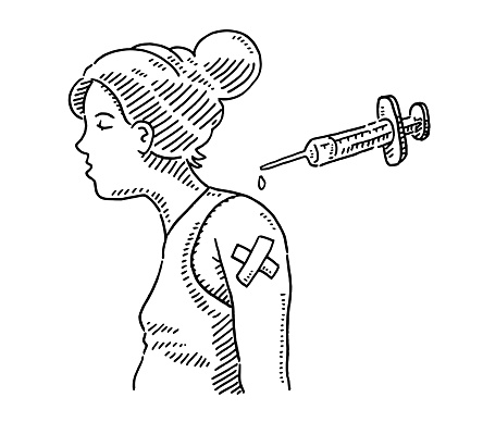 Hand-drawn vector drawing of a Vaccination Of a Young Woman. Black-and-White sketch on a transparent background (.eps-file). Included files are EPS (v10) and Hi-Res JPG.