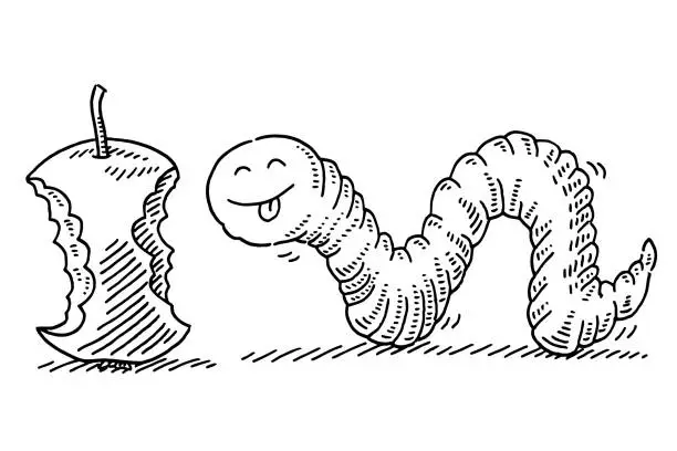Vector illustration of Cartoon Caterpillar Bitten Apple Drawing