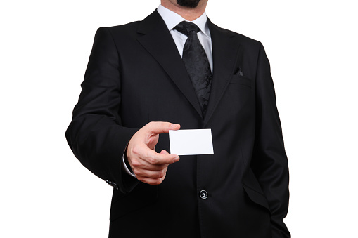 Set asian businessman showing blank card by hand On a white background isolated.