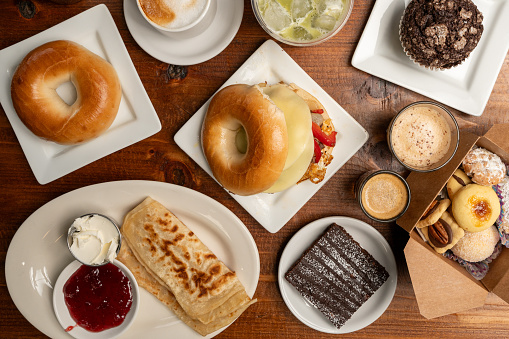 Brunch food and drink flat lay composition