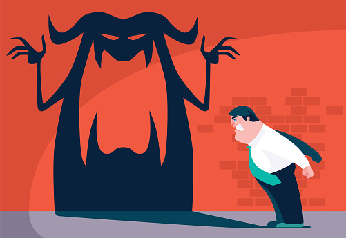 vector illustration of angry businessman facing his devil shadow