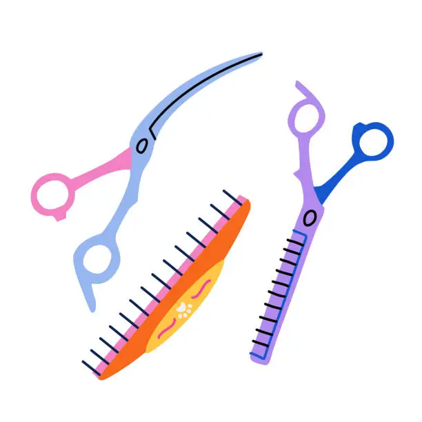 Vector illustration of Set of hair cutting and styling tools. Blending scissors, curved shears, comb vector isolated cliparts. Equipment for professional hairdressers, barbers and pet groomers in flat trendy style