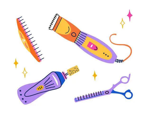 Vector illustration of Vector cliparts set of pet grooming equipments. Hair clipper, nail grinder, blending scissors and comb. Tools for professional groomers in flat trendy colorful style. Banner design