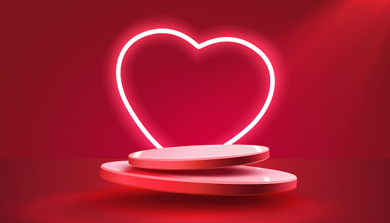 Neon podium heart frame, banner decoration. Vector