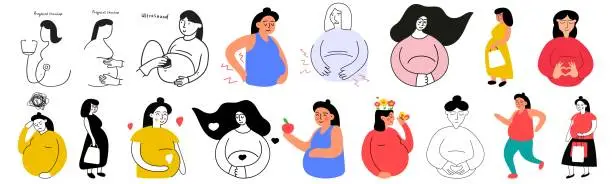 Vector illustration of Set of pregnant women. Doctor consultation, healthy food, stress, love, mental health.