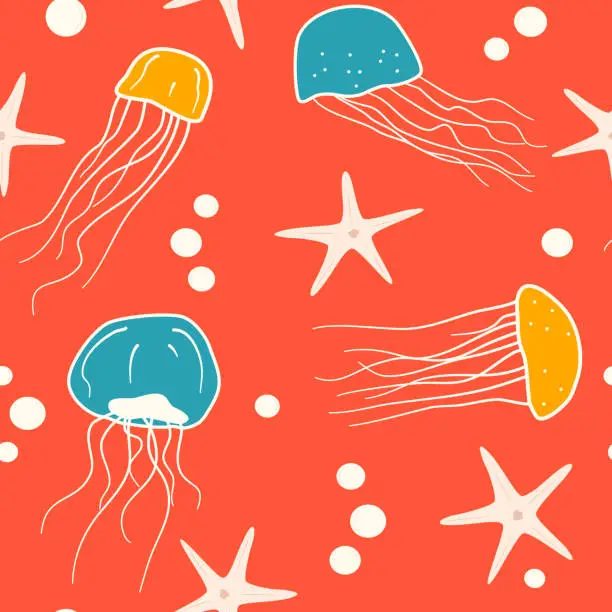 Vector illustration of Cute hand drawn seamless pattern illustration with jellyfish and starfish