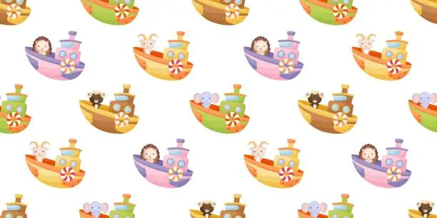 Vector illustration of Cute little animals on boat seamless childish pattern. Funny cartoon animal character for fabric, wrapping, textile, wallpaper, apparel. Vector illustration