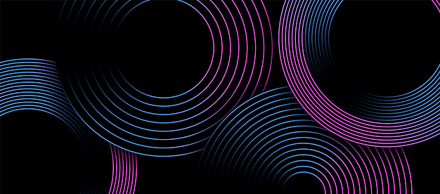 Modern abstract blue, pink and purple gradient circle line on dark black background design