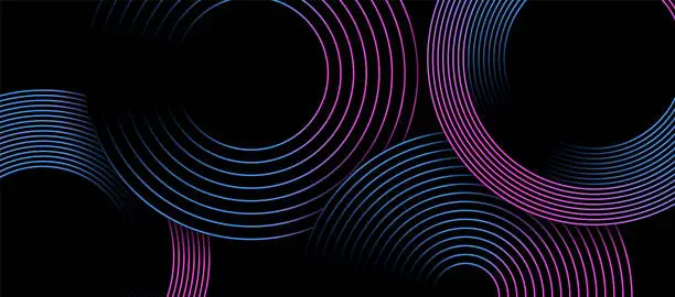 Vector illustration of Modern abstract blue, pink and purple gradient circle line on dark black background design