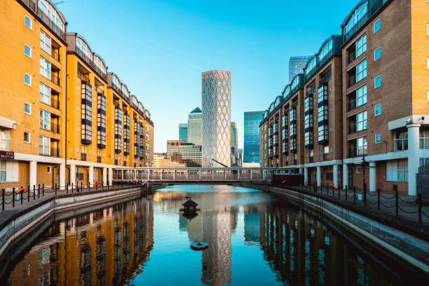 Canary Wharf Skyline view from Greenland dock, England
