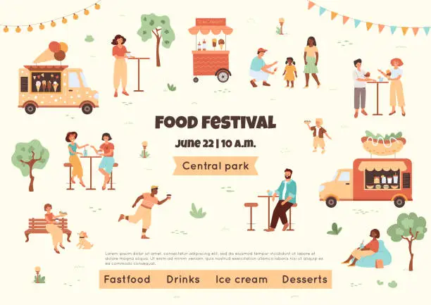 Vector illustration of Food festival illustration with people and truck of drinks, ice cream, hotdog.