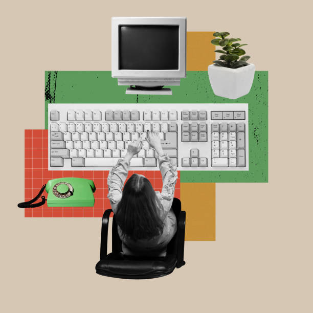 istock Top image of woman sitting at table and working with computer. IT department, Developing news startup, working on website. Contemporary art collage. 1974867092