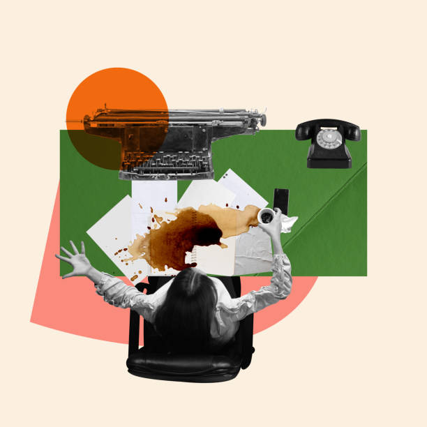 istock Oops. Woman sitting at her desk and working with papers, projects. Coffee spilling on papers. Contemporary art collage. 1974867093
