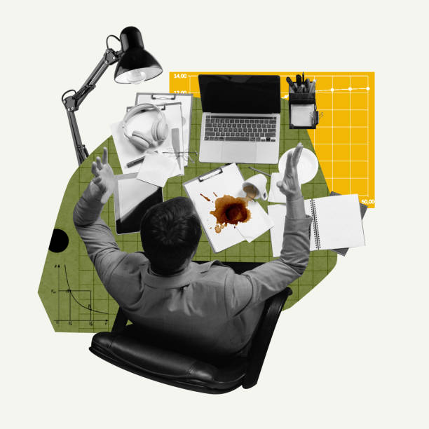 istock Oops, restart. Man sitting at desk and working with papers, projects. Coffee spilling on papers. Contemporary art collage 1974867095