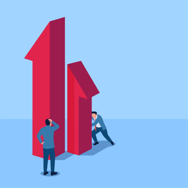 istock Two men join arrows but are not at the same height, a metaphor for the failure of the merger. Simple flat conceptual illustration. 1974883260