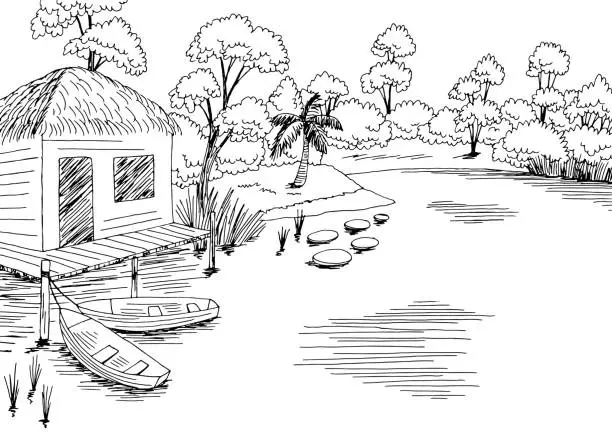 Vector illustration of Boat at a hut in the jungle graphic black white landscape sketch illustration vector