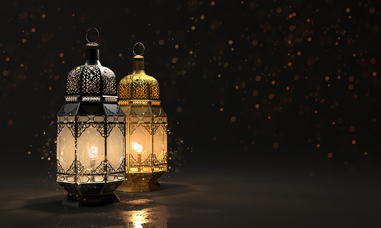 eid mubarak poster empty space with gold theme 3d rendering, decorated with moon and ilsamic lamp