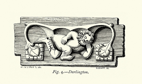 Vintage illustration Medieval wood carving from a church stall, miserere, sleeping man, Darlington, Art under the seats, a few words upon Misereres, Llewellynn Jewitt