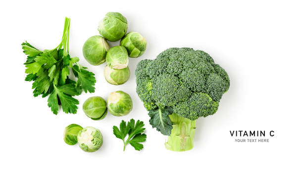 Broccoli, brussel sprouts and parsley isolated on white background
