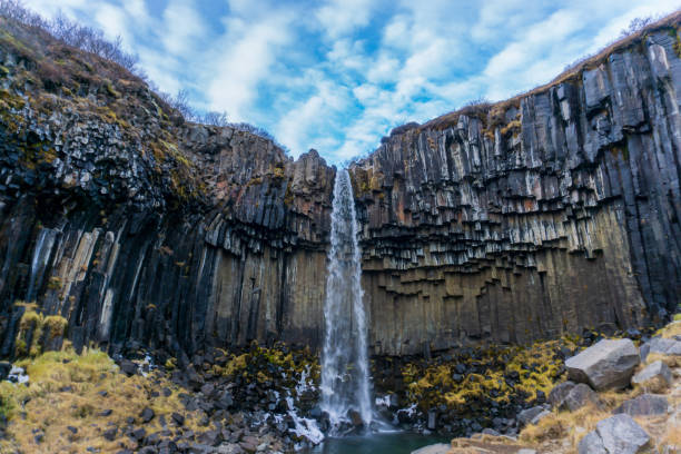 Svartifoss waterfall with basalt columns in Skaftafell national park in Iceland stock photo