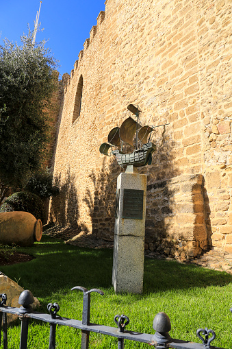 Rota, Cadiz, Spain- October 23, 2023: Monument commemorating Bartolome Perez, navigator of the Discovery, in Rota, Cadiz