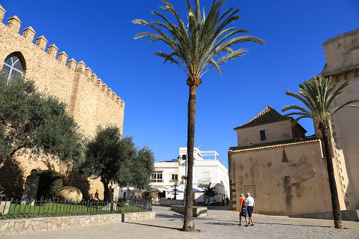 Rota, Cadiz, Spain- October 23, 2023: The Bartolome Perez square and the Municipal Palace Castillo de Luna in Rota city