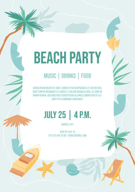 Vector illustration of Beach party invitation template. Border of palm trees, yacht, chair, and tropical leaves.