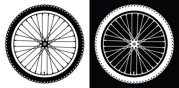 Vector illustration of Bicycle wheel on white and black background. Set of vector monochrome elements for design
